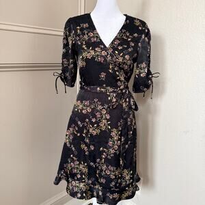 Lovestitch Botanica Black Floral Wrap Mini Dress Whimsygoth Grunge Boho Witchy M